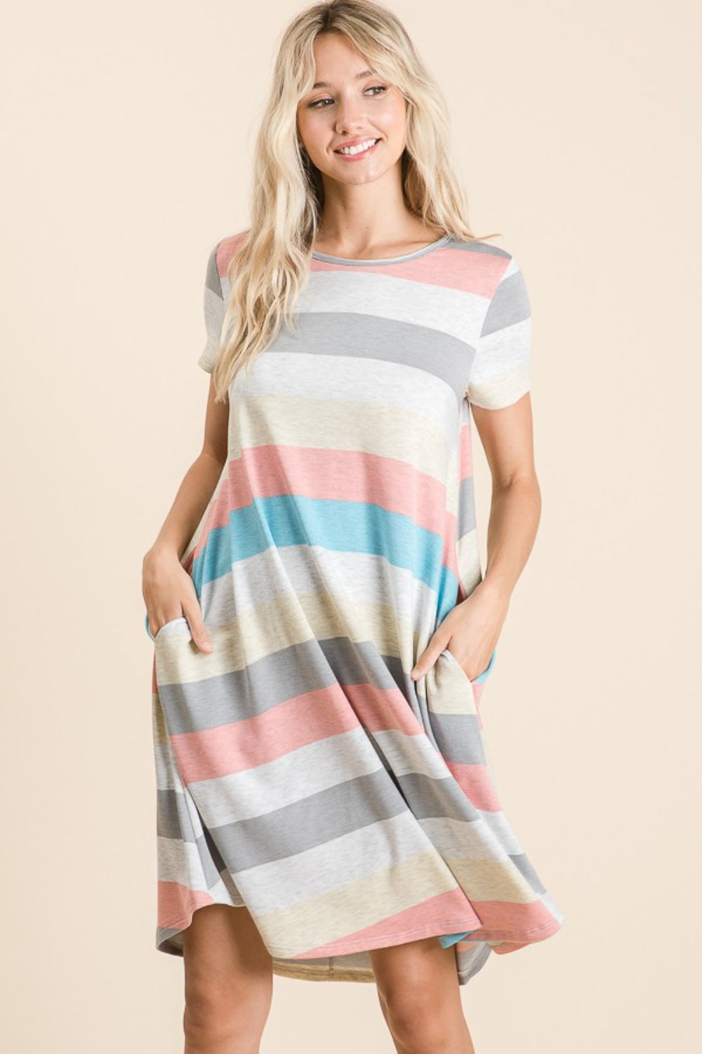 BOMBOM Striped Short Sleeve Dress with Pockets | Daverri Fashions