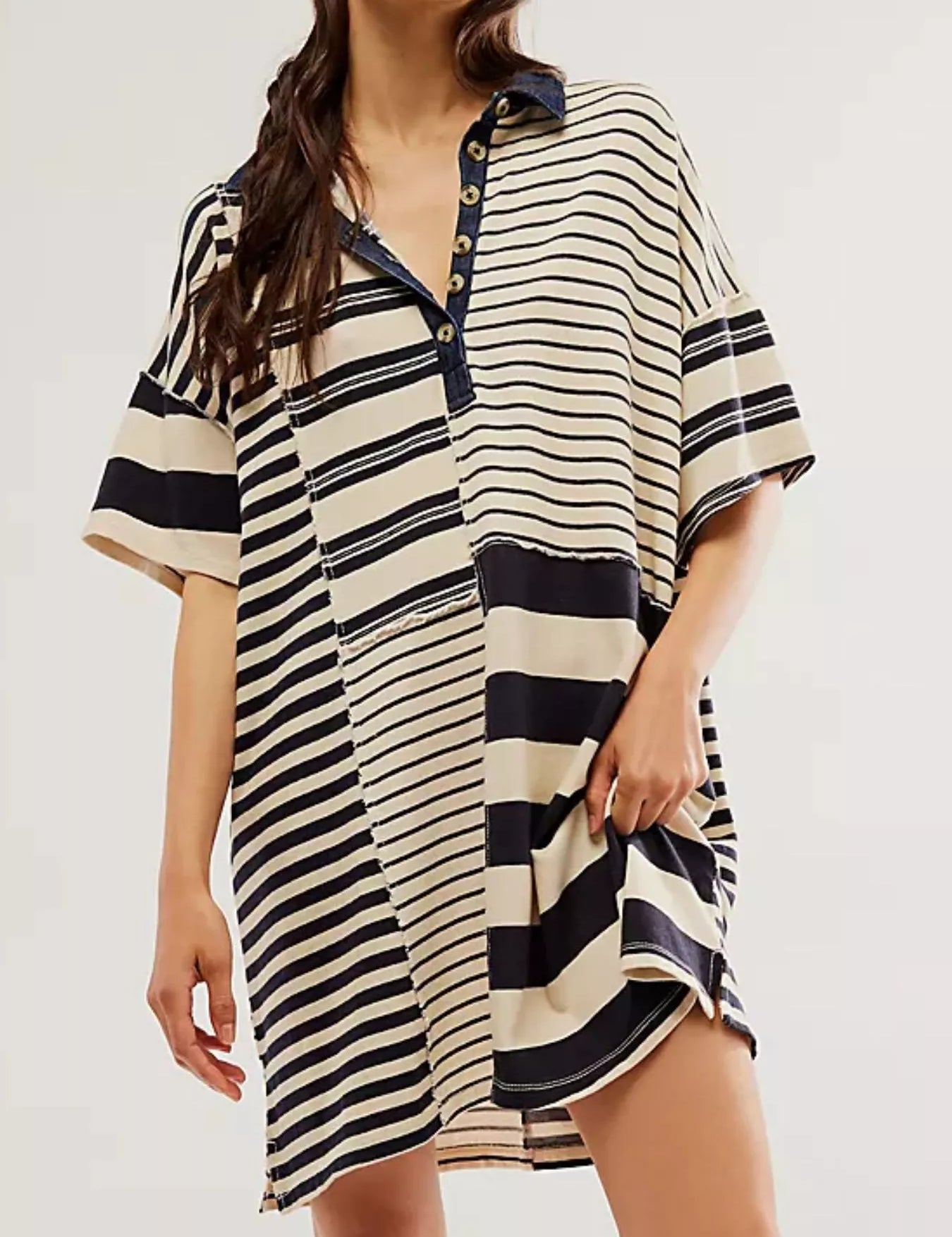 Black And White Stripes Striped Oversized Half Button Shirt Dress | Mini Dresses Daverri Fashions