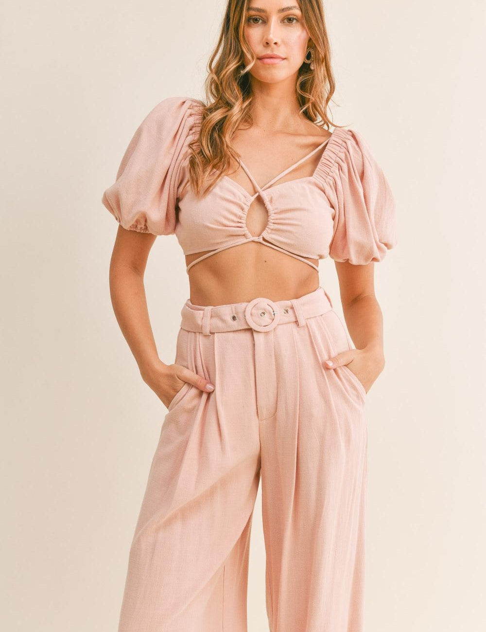 MABLE Cut Out Drawstring Crop Top and Belted Pants Set L | Outfit Sets Daverri Fashions