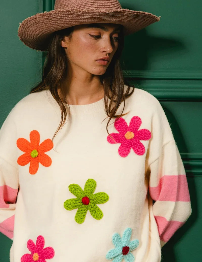 OATMEAL BiBi Colorful Floral Patched Sweater with Striped Sleeve | Sweaters Daverri Fashions