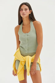 HYFVE Halter Neck Buttoned Washed Top | Tops Daverri Fashions