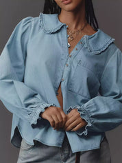 Peter Pan Collar Ruffled Denim Shirt | Shirts Daverri Fashions