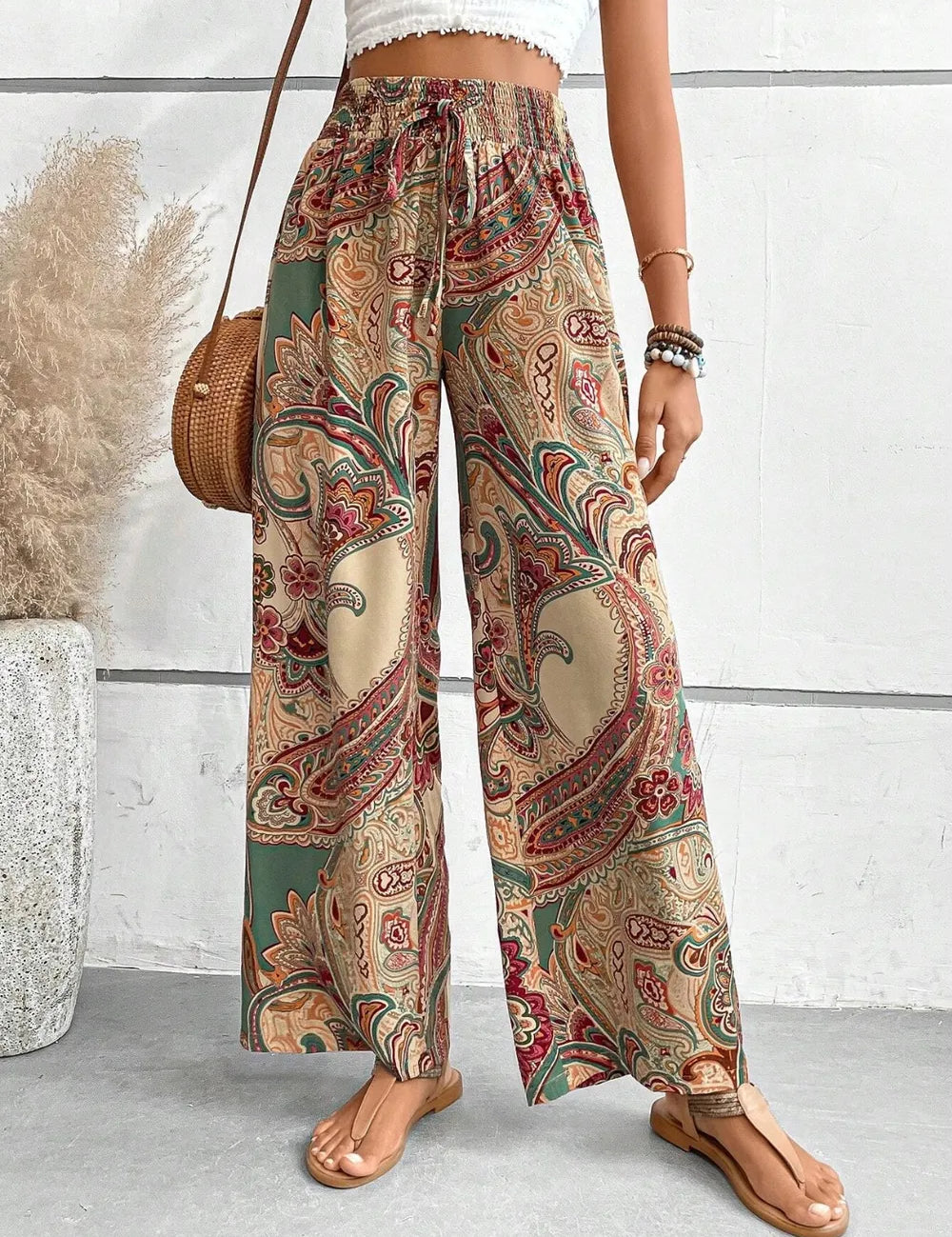 Camel Printed Wide Leg Pants | Pants Daverri Fashions
