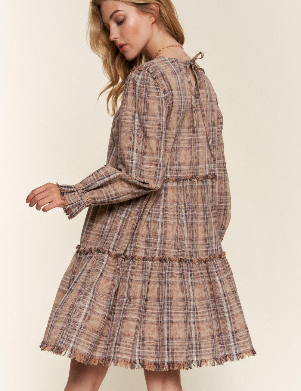 And The Why Full Size Washed Frayed Tiered Plaid Dress | Daverri Fashions