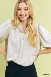 Umgee Linen Scallop Trim V-Neck Blouse | Blouses Daverri Fashions