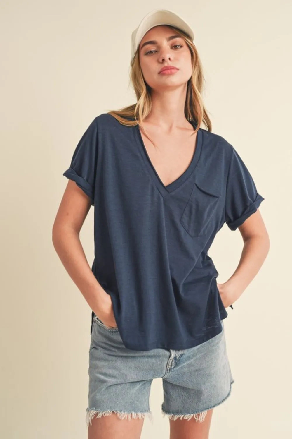 Dark Navy Aemi + Co Side Slit V-Neck Short Rolled Sleeve T-Shirt | Daverri Fashions
