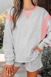 Light Grey Color Block Raw Hem Pullover and Casual Shorts Set | Outfit Sets Daverri Fashions