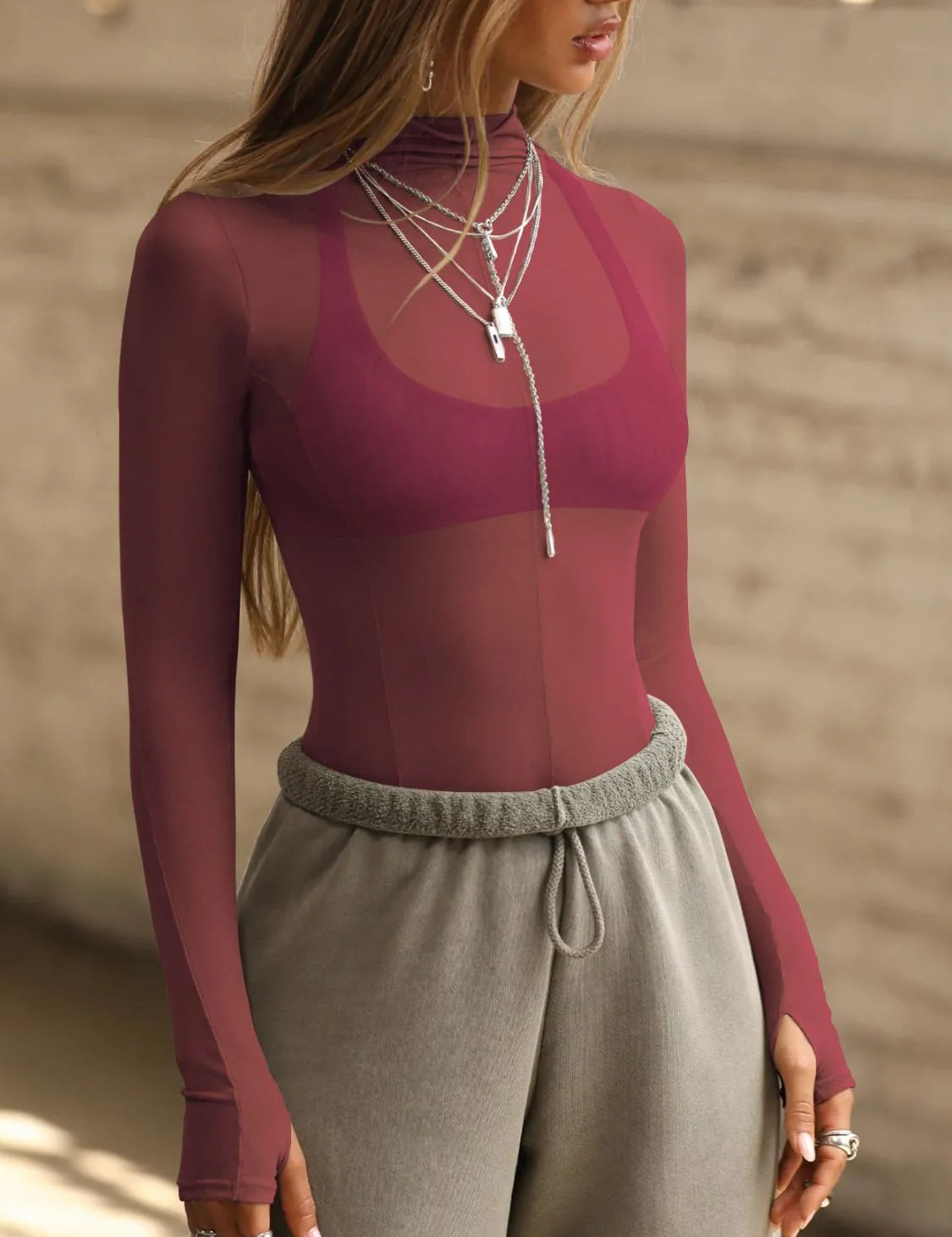 Deep Purple Mock Neck Long Sleeve Sheer Top | Tops Daverri Fashions