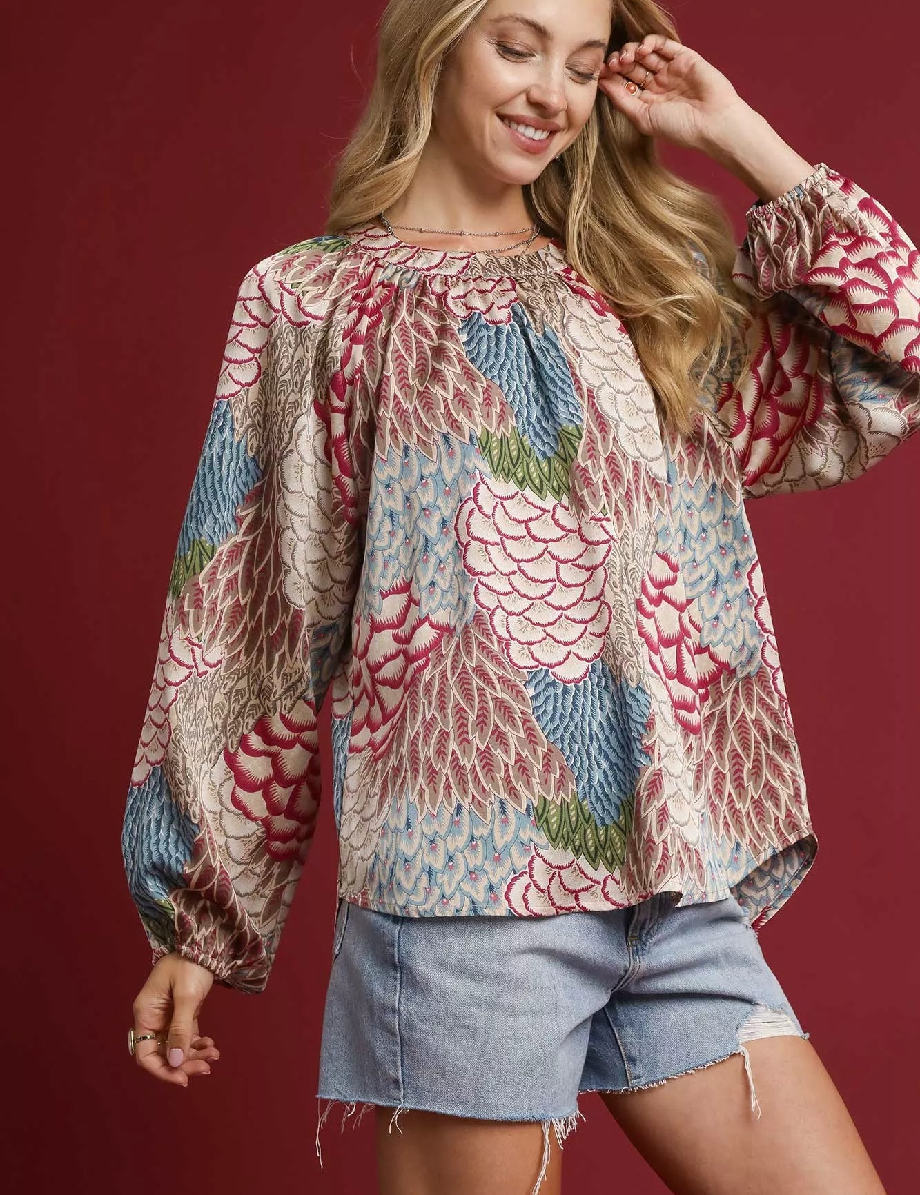 Umgee Boho Feather Print Peasant Blouse | Blouses Daverri Fashions