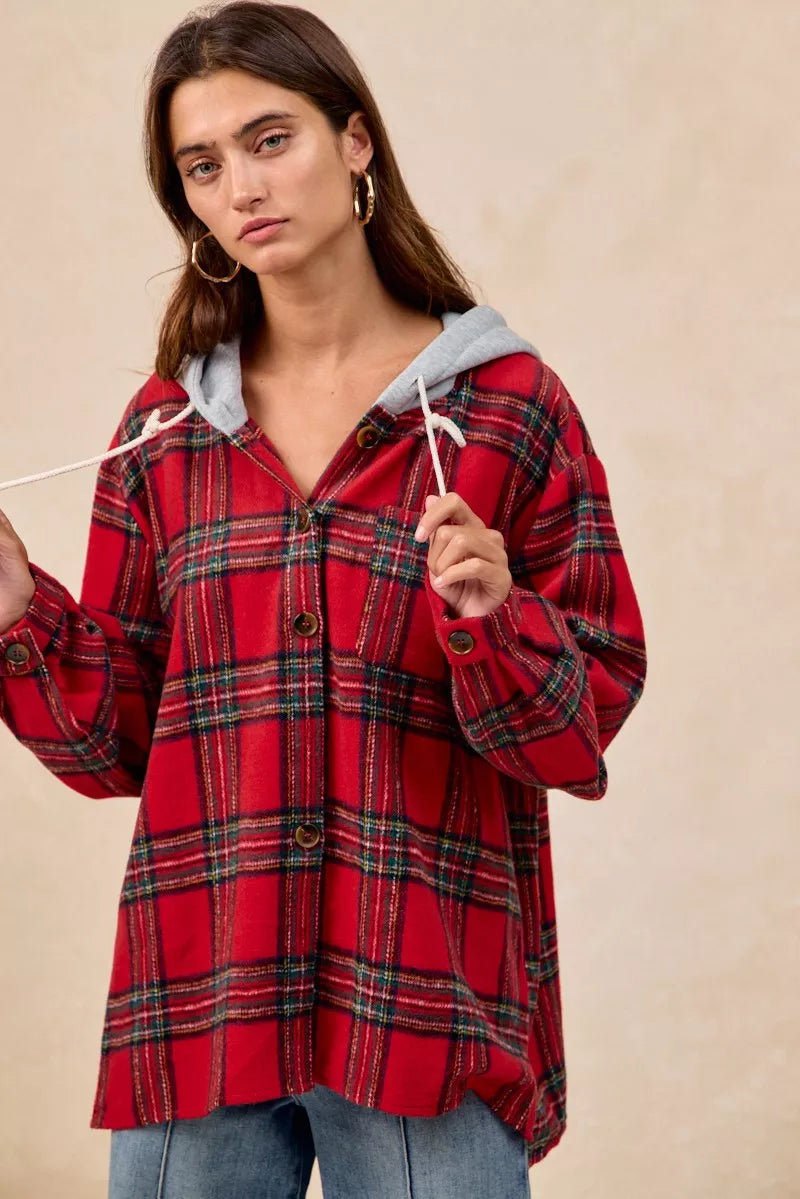 BiBi Brushed Plaid Hooded Jacket | Jackets Daverri Fashions