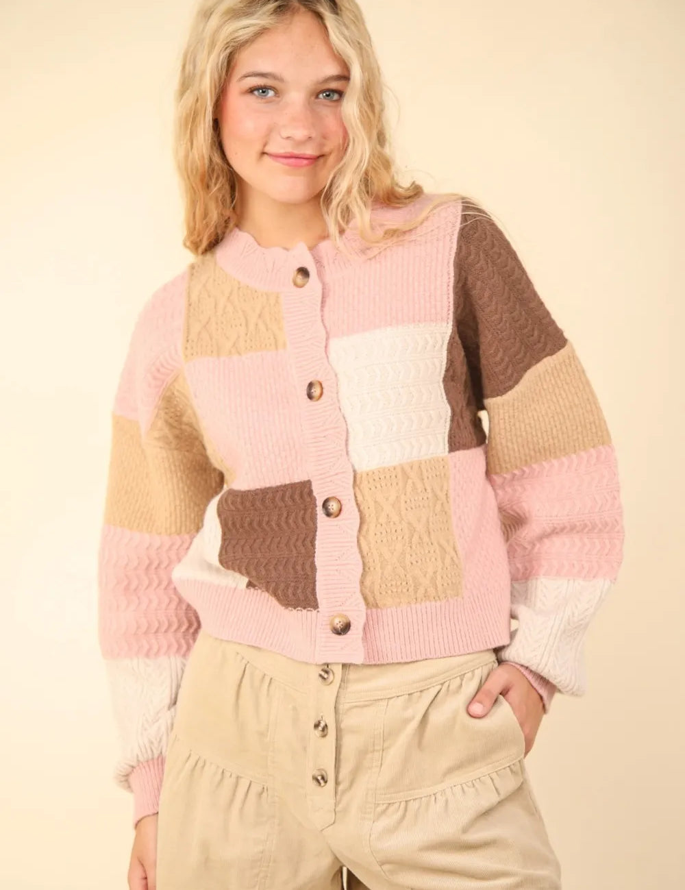 Blush VERY J Color Block Button Down Textured Sweater Cardigan | Sweaters Daverri Fashions