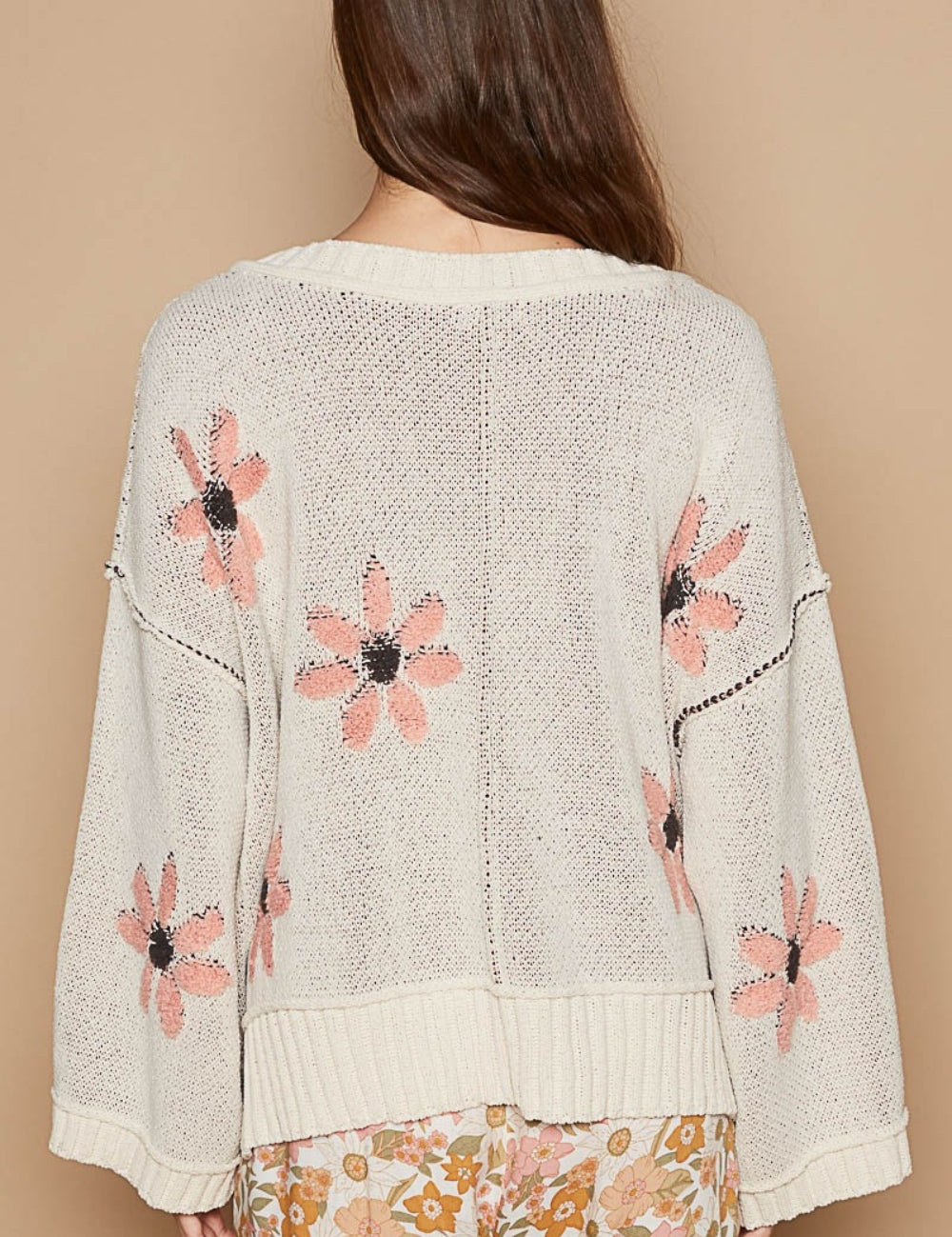 POL V-Neck Floral Pattern Chenille Sweater | Sweaters Daverri Fashions