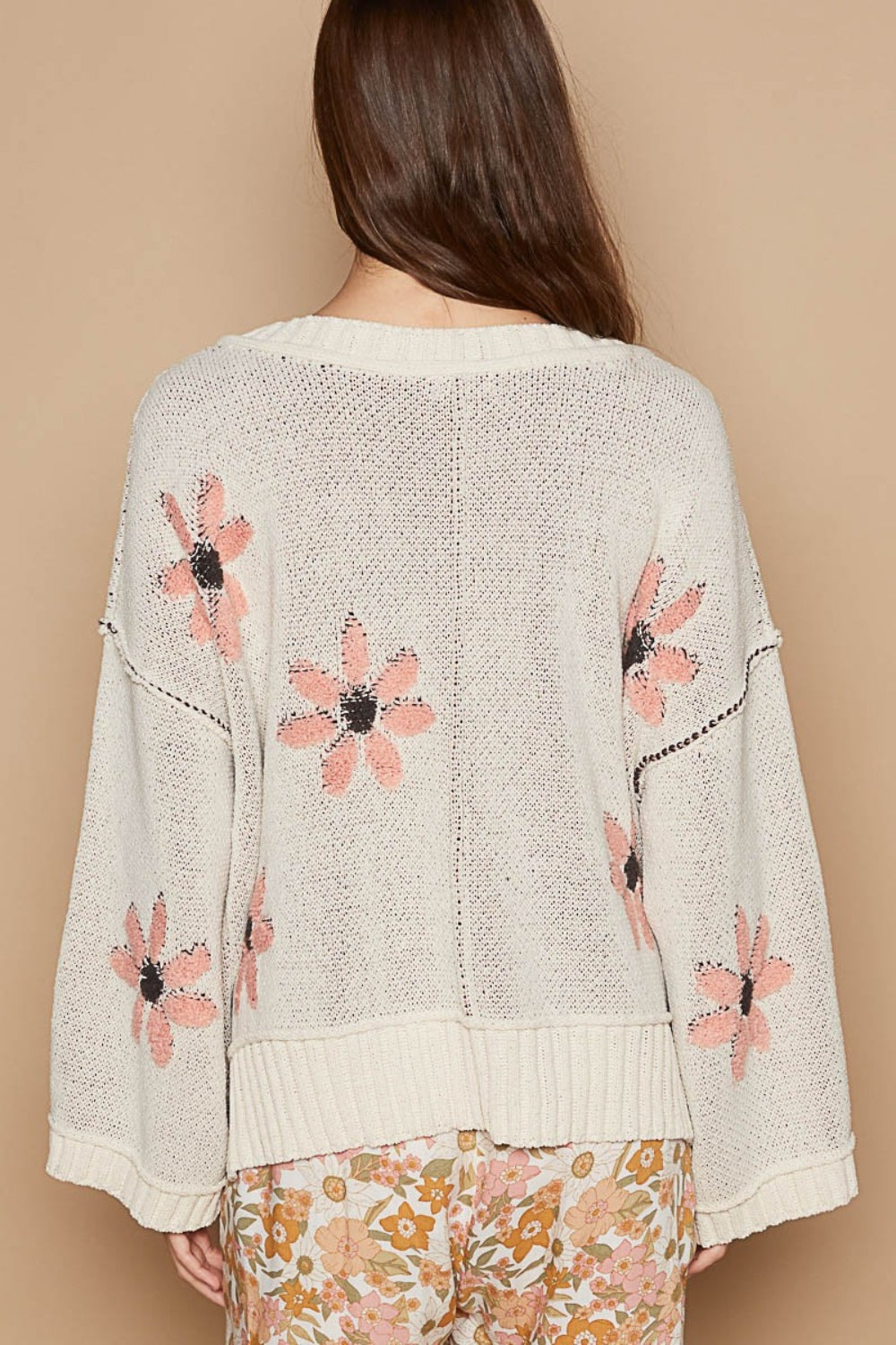 POL V-Neck Floral Pattern Chenille Sweater | Sweaters Daverri Fashions