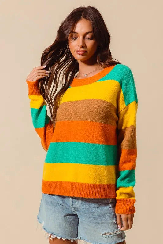 SO ME Multi Color Stripe Sweater with Ribbed Detail | Sweaters Daverri Fashions
