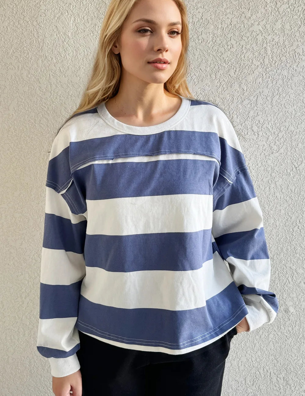 Oh Pima Cotton Wash Exposed Seam Contrast Striped Round Neck Long Sleeve T-Shirt | T-Shirts Daverri Fashions