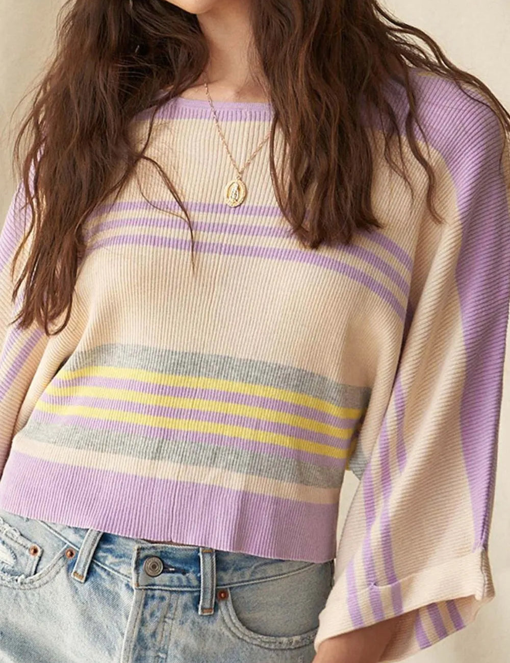 Pink Purple Contrast Striped Round Neck Three-Quarter Sleeve Top | Knit Tops Daverri Fashions