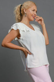 Umgee Full Size V-Neck Double Layered Ruffle Sleeve Blouse Plus Size | Blouses Daverri Fashions