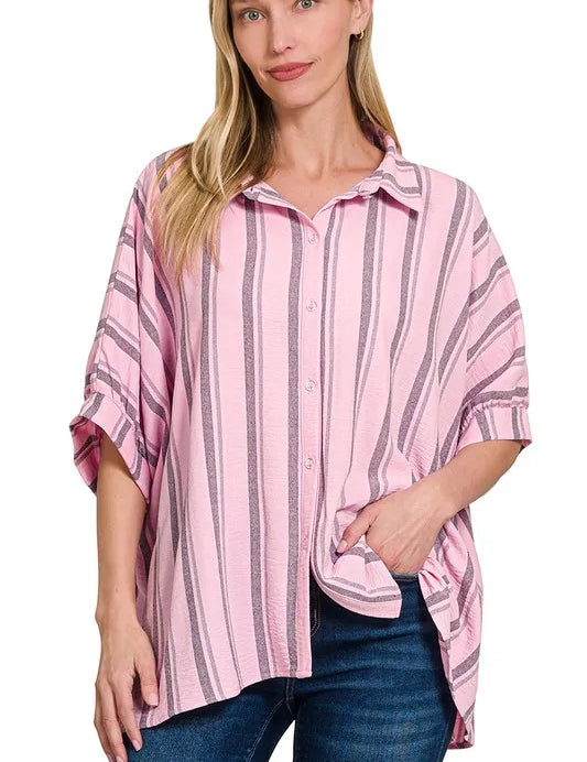 PINK Zenana Woven Yarn-Dye Stripe Oversized Button Down Shirt | Daverri Fashions