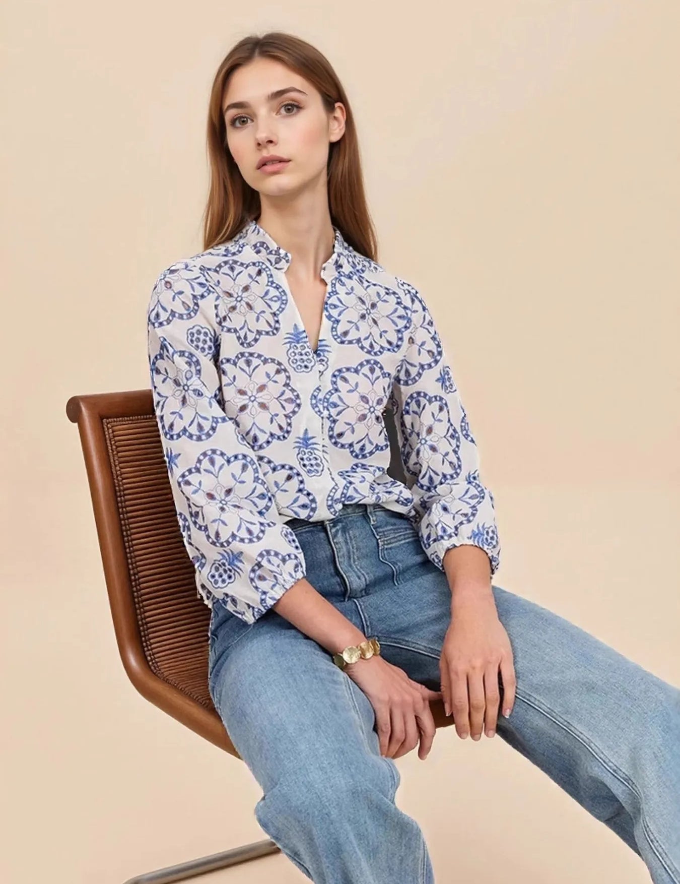 Eyelet Embroidered Long Sleeve Shirt | Shirts Daverri Fashions
