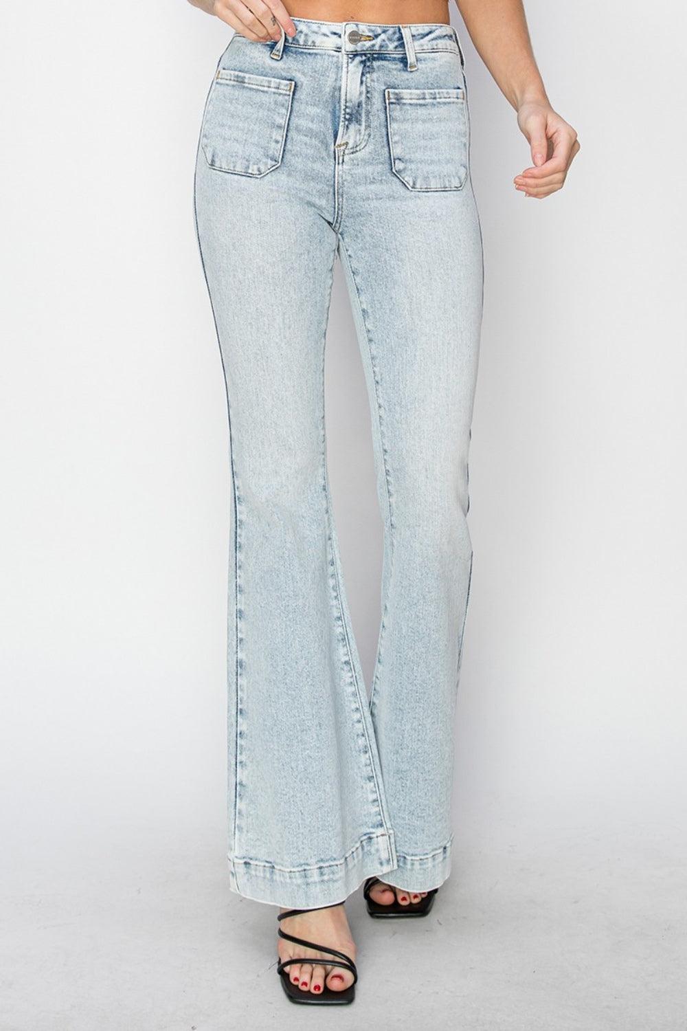 High Rise Front Patch Pocket Flare Jeans | Jeans Daverri Fashions
