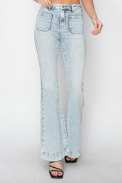 High Rise Front Patch Pocket Flare Jeans | Jeans Daverri Fashions