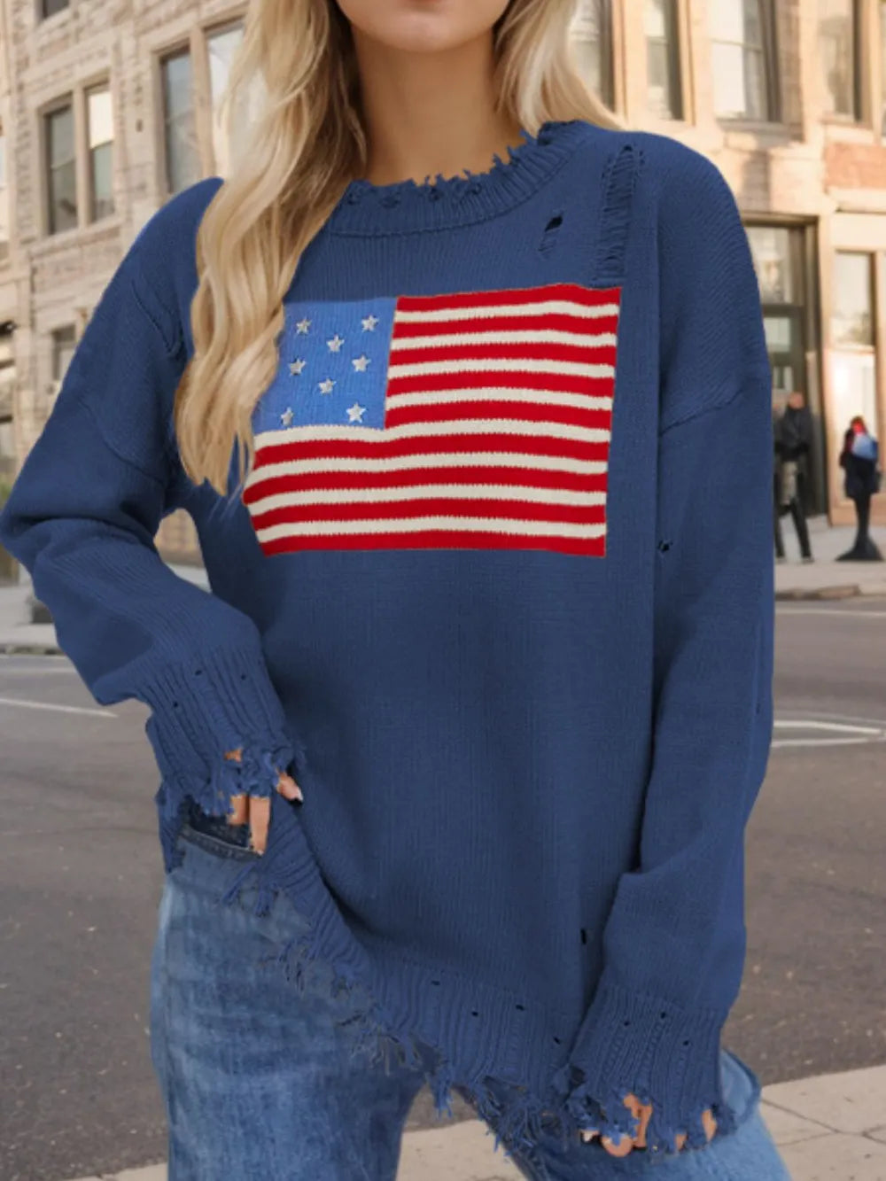 US Flag Distressed Round Neck Long Sleeve Sweater | Sweaters Daverri Fashions