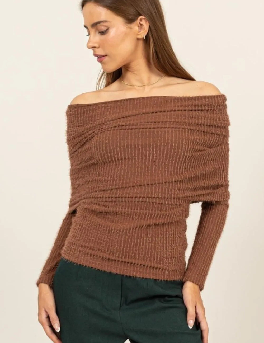 Brown HYFVE Fuzzy Off Shoulder Textured Knit Top | Knit Tops Daverri Fashions