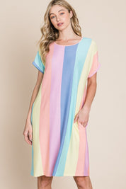 BOMBOM Striped Short Sleeve Dress with Pockets | Daverri Fashions