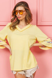 BiBi Cord Rib with Stitched Floral Contrast Top | Tops Daverri Fashions