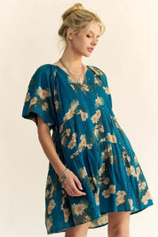 Davi & Dani Floral Print Short Bell Sleeve Pleated Mini Dress | Mini Dresses Daverri Fashions