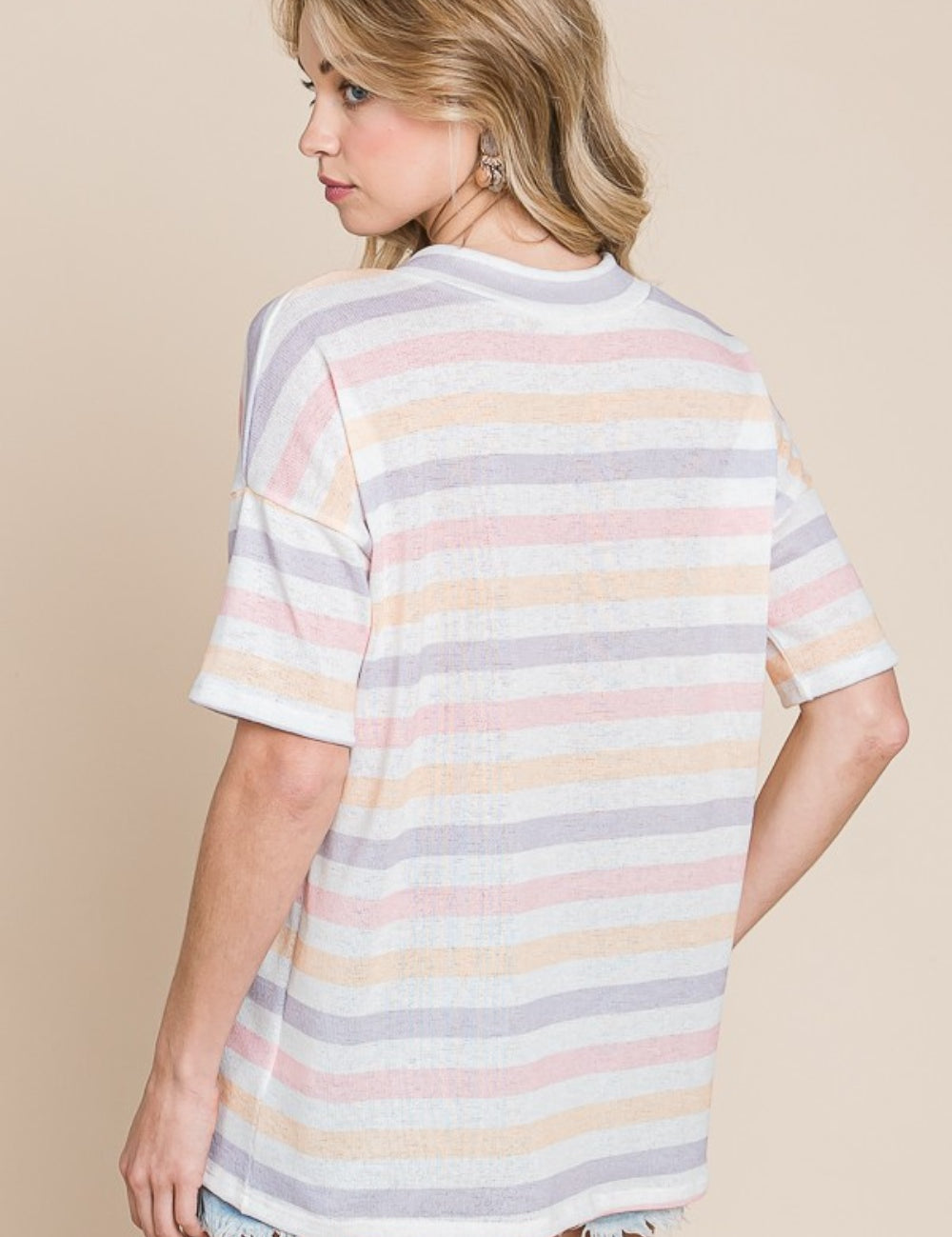 BOMBOM Striped V-Neck Short Sleeve T-Shirt | Daverri Fashions