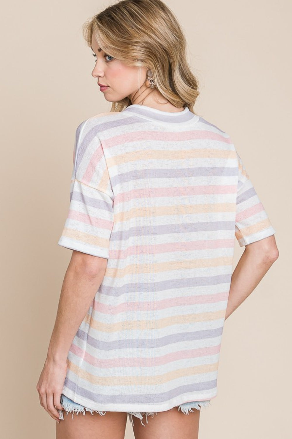 BOMBOM Striped V-Neck Short Sleeve T-Shirt | Daverri Fashions