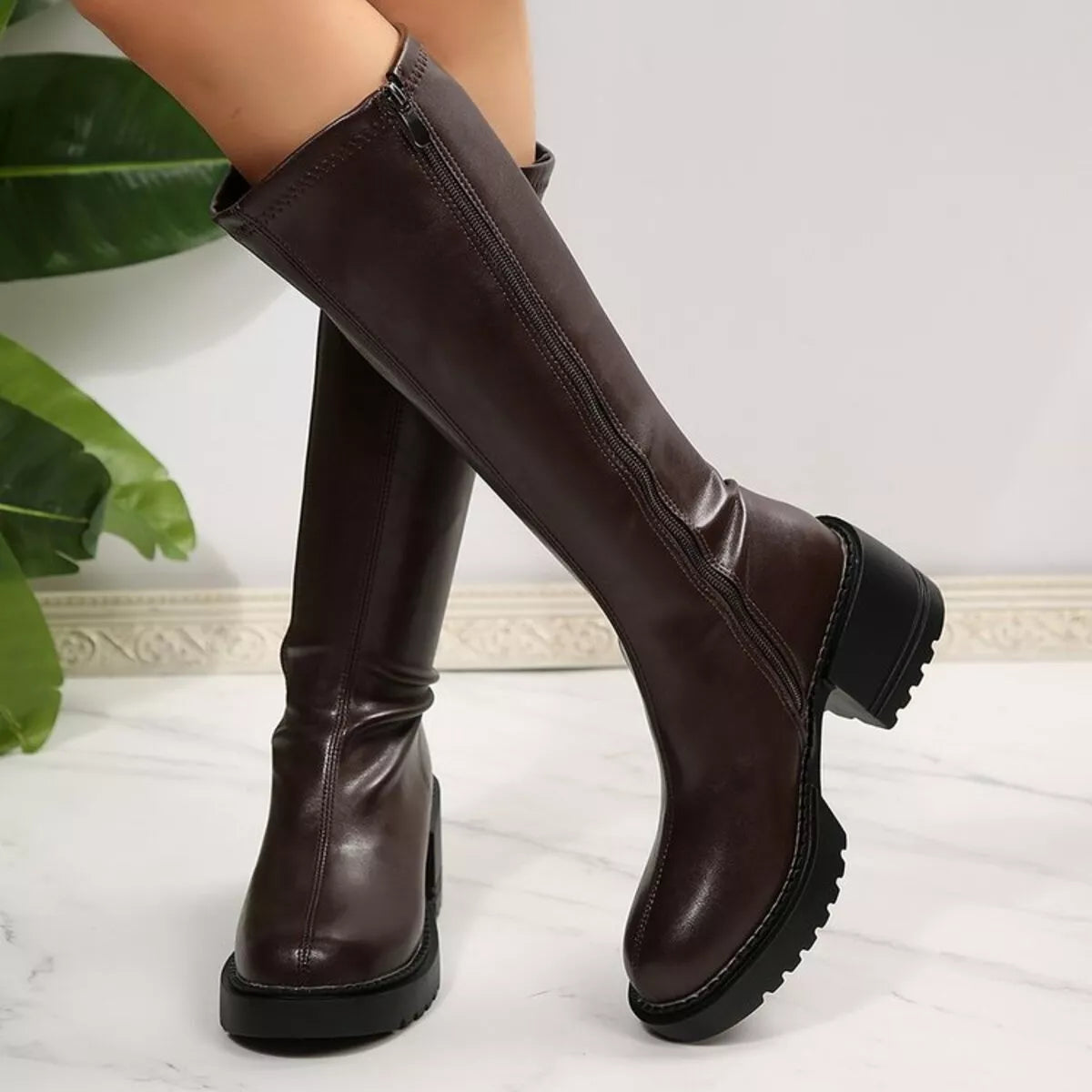 Dark Brown Round Toe Block Heels Boots | Boots Daverri Fashions