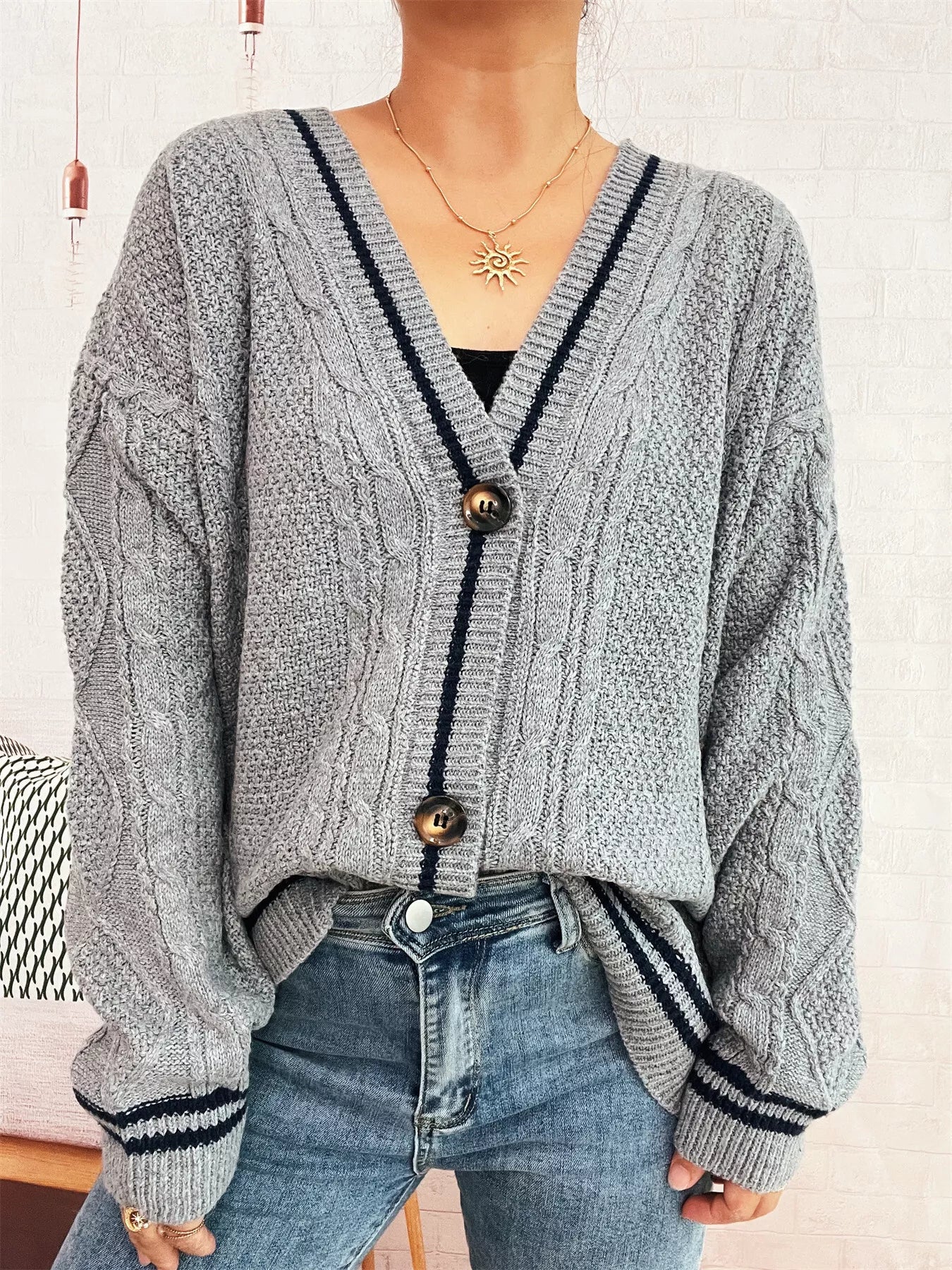 Star Pattern Button-Up Cardigan with Contrast Trim | Cardigans Daverri Fashions