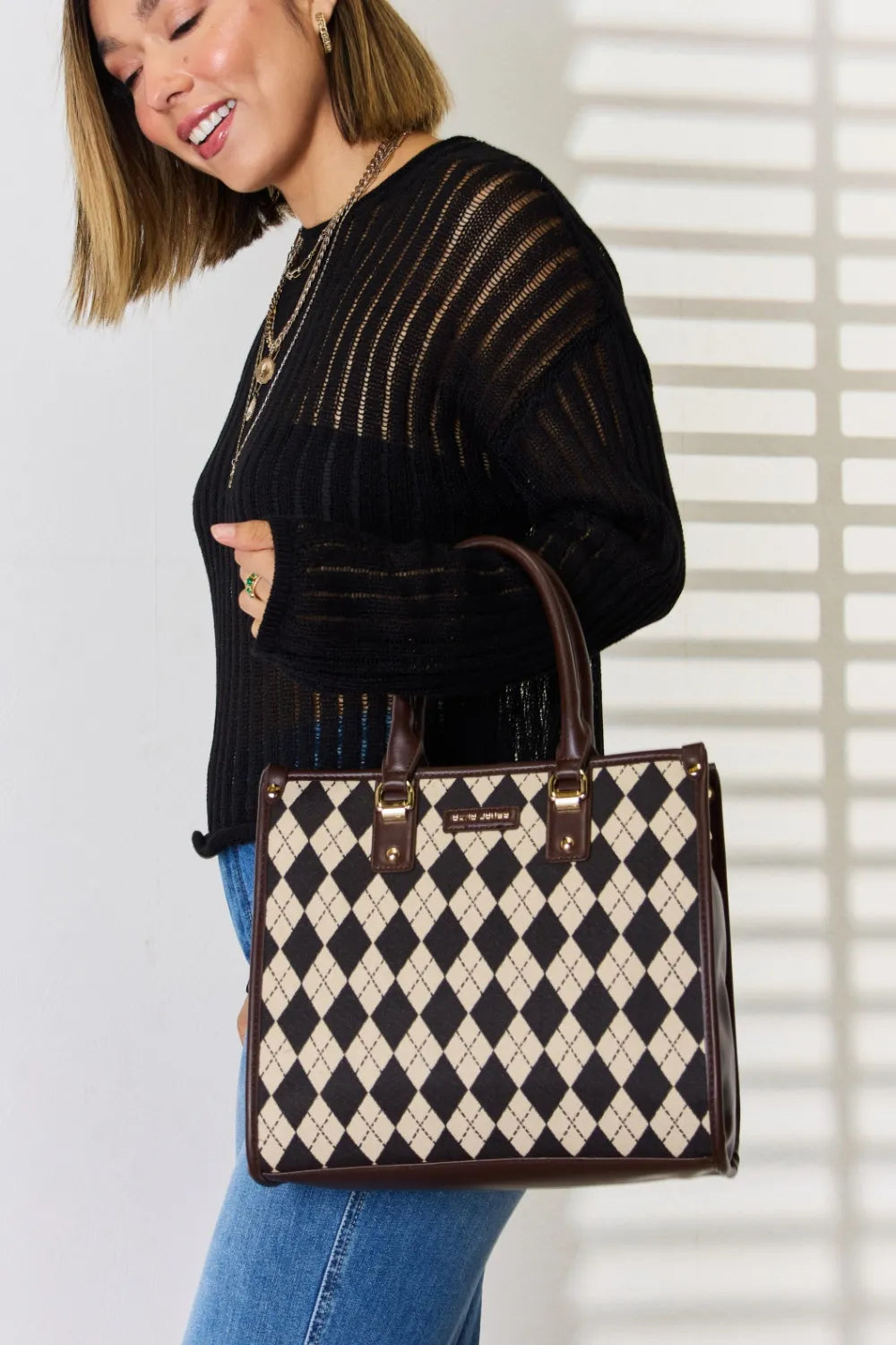 David Jones Argyle Pattern PU Leather Handbag | Handbags Daverri Fashions