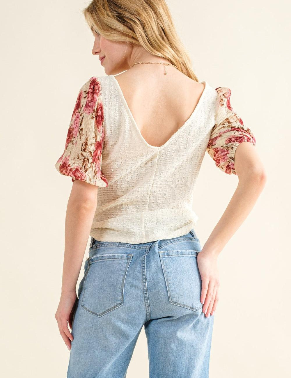 And The Why Full Size Floral Print Textured Sleeve Knit Top | Tops Daverri Fashions