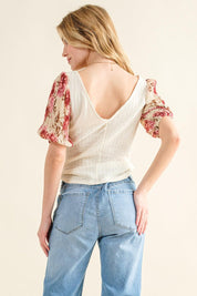 And The Why Full Size Floral Print Textured Sleeve Knit Top | Tops Daverri Fashions