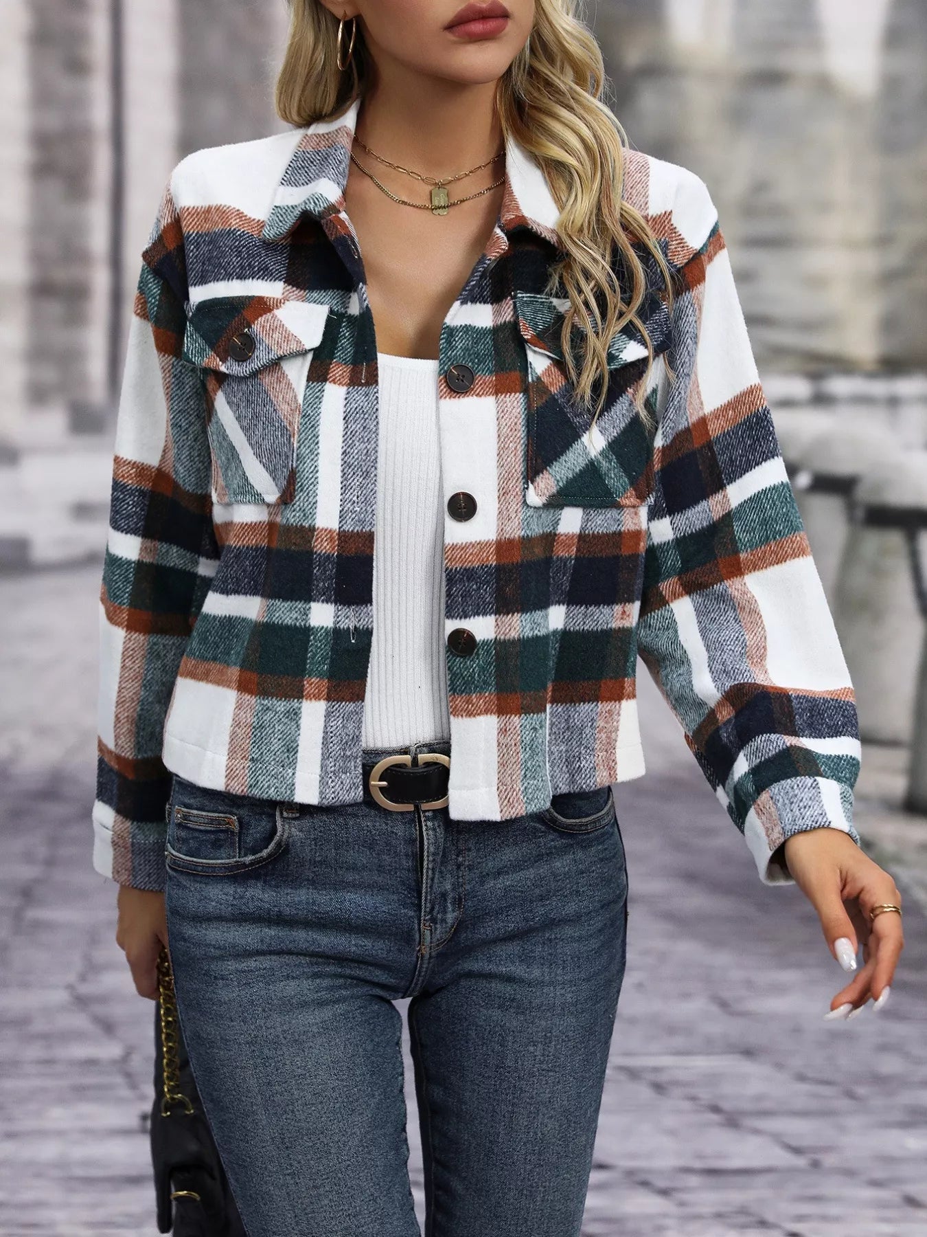 Plaid Oversized Button-Up Cropped Jacket | Jackets Daverri Fashions