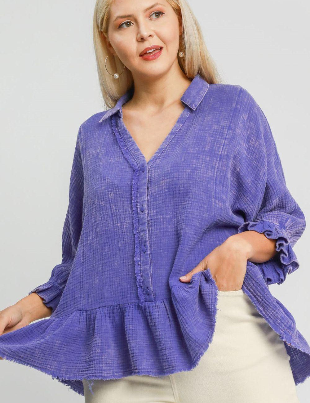 Electric Purple XL Umgee Plus Size Size Mineral Washed Cotton Gauze Top | Tops Daverri Fashions