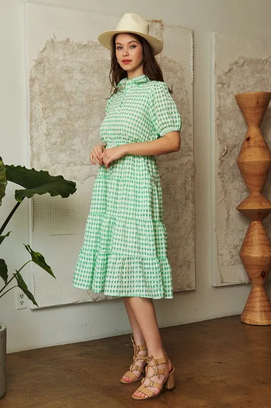 Davi & Dani Checkered Puff Sleeve Tiered Shirt Dress | Knee Length Dresses Daverri Fashions