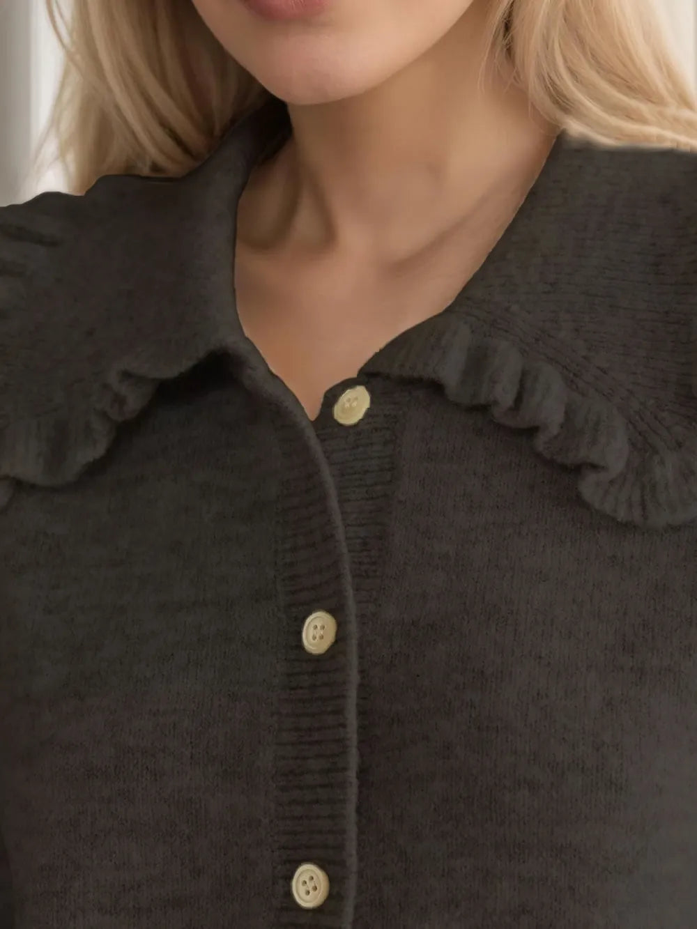 Frill Button Up Collared Neck Long Sleeve Cardigan | Cardigans Daverri Fashions