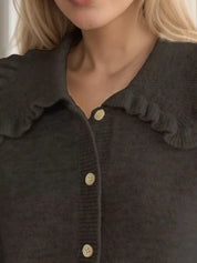 Frill Button Up Collared Neck Long Sleeve Cardigan | Cardigans Daverri Fashions