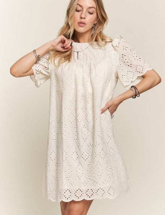 ADORA Ruffled Eyelet Round Neck Dress | Daverri Fashions