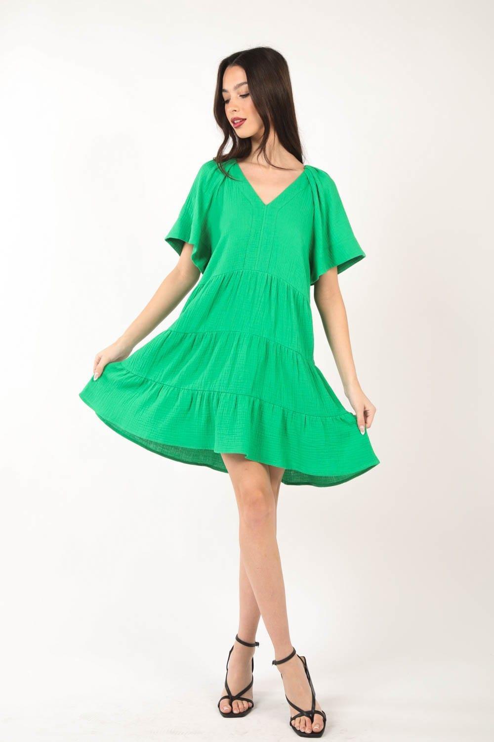VERY J Texture V-Neck Ruffled Tiered Dress | Daverri Fashions