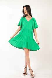 VERY J Texture V-Neck Ruffled Tiered Dress | Daverri Fashions