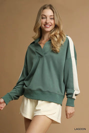 Umgee Contrast Long Sleeve Sweatshirt with Collar | Sweatshirts Daverri Fashions