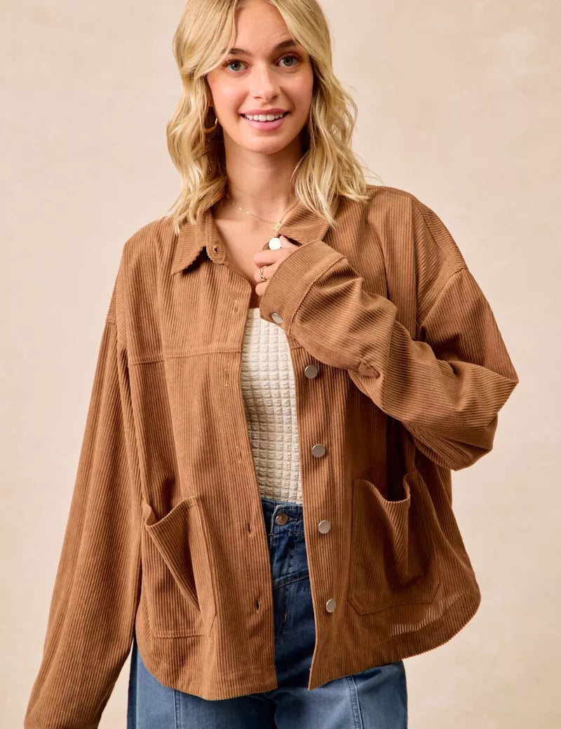 CAMEL BiBi Corduroy Relaxed Fit Shacket with Back Pleat | Shackets Daverri Fashions