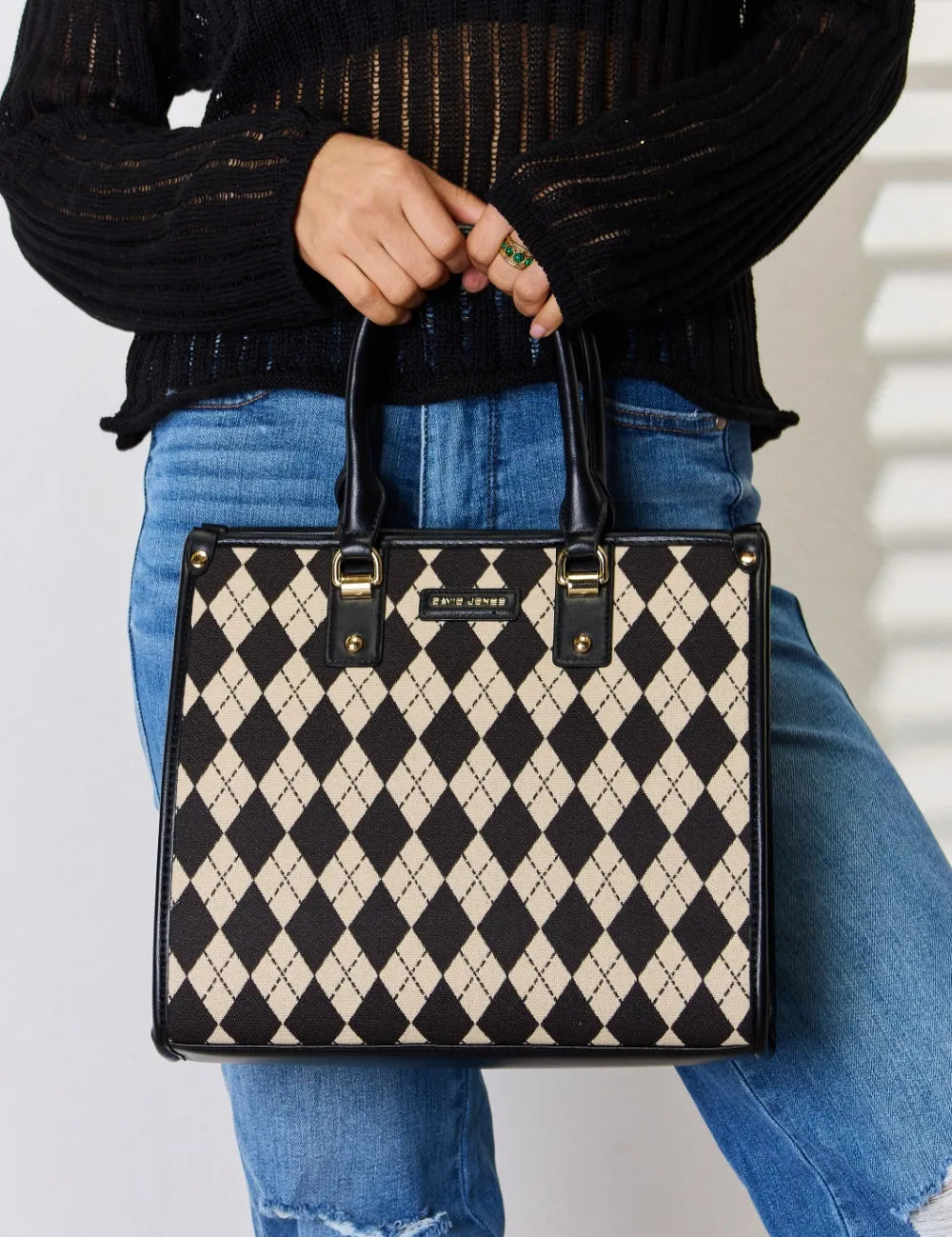 Black One Size David Jones Argyle Pattern PU Leather Handbag | Handbags Daverri Fashions