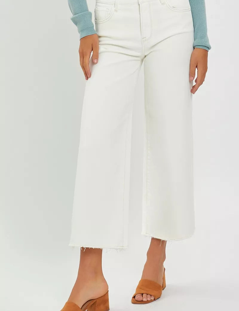 Cream RISEN Tummy Control High Rise Crop Wide Jeans | Jeans Daverri Fashions