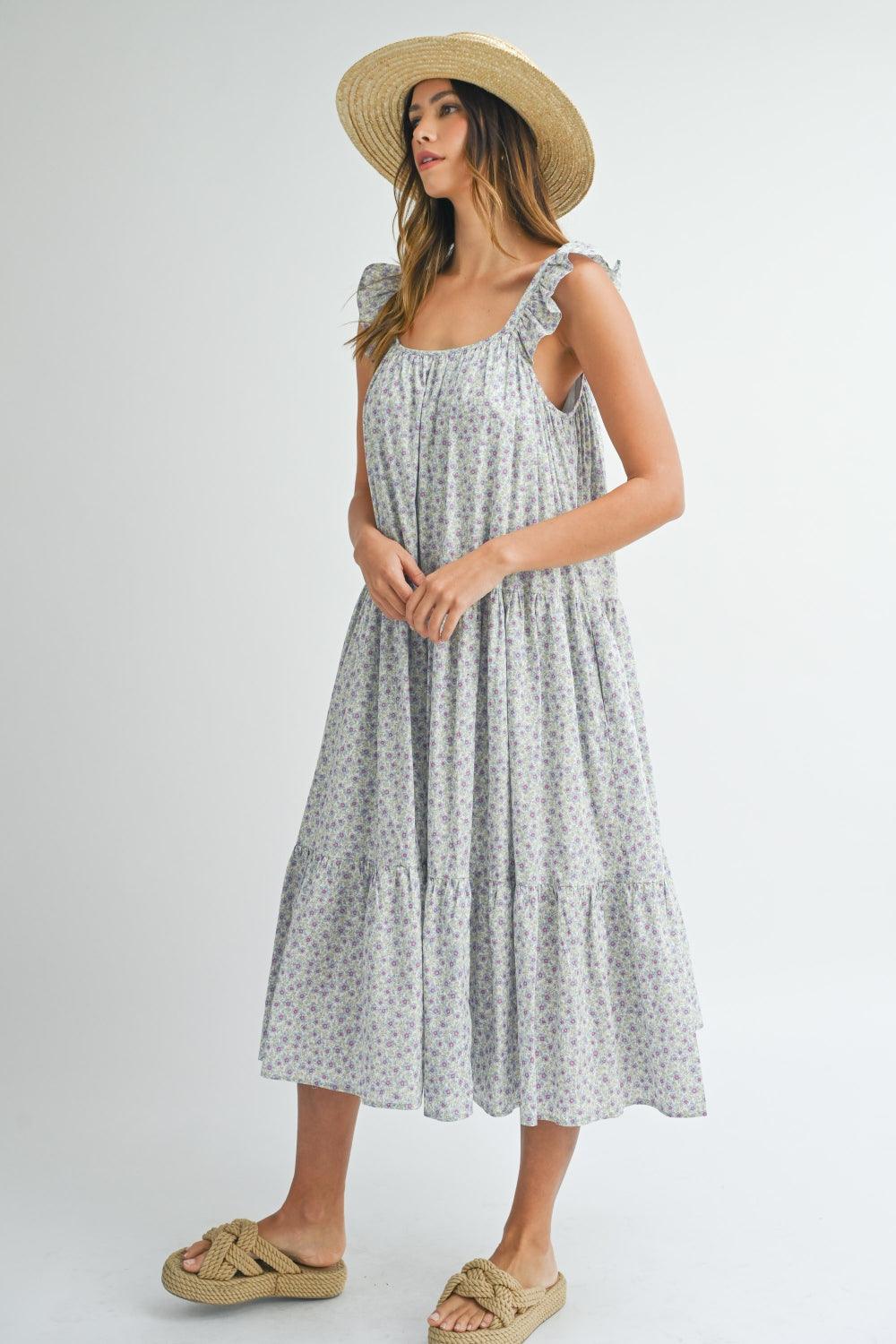 MABLE Floral Ruffle Shoulder Tiered Midi Dress | Daverri Fashions